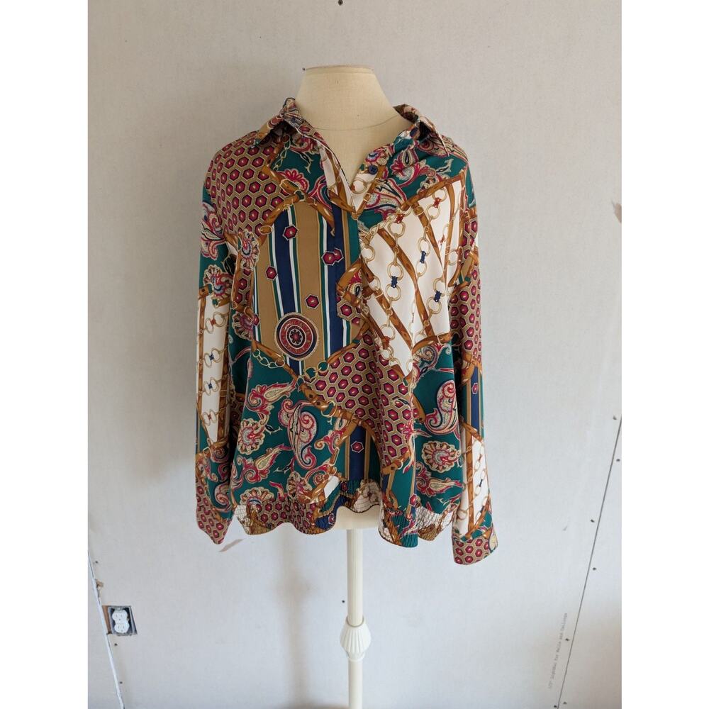 Alfred Dunner Vintage Equestrian Scarf Print Blouse Top 20W